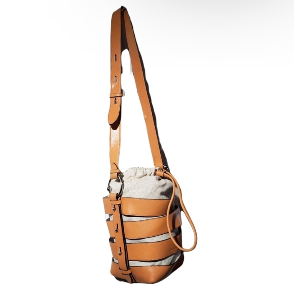 Rebecca Minkoff Cage Leather Bucket Bag Canvas Crossbody Drawstring Unique